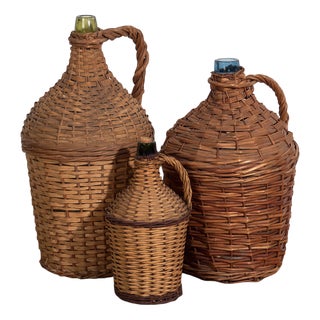 Antique Glass and Wicker Demijohns, 1920s Set of 3 For Sale