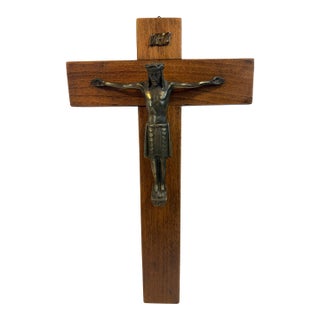 Vintage European Wood and Brass Crucifix For Sale