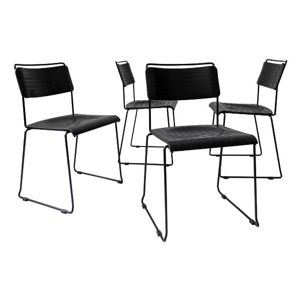Vintage Dining Chairs in Black Metal and Plastic, 1980s, Set of 4 For Sale