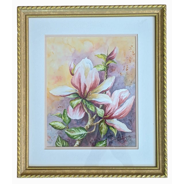 Vintage Original Still Life Watercolor Painting of Pink Lilies on a Purple and Goldenrod hued Background Signed by the...