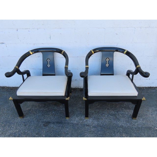 Late 20th Century Hollywood Regency Ming Style Painted Black Lounge Side Chairs a Pair 6359 For Sale - Image 5 of 15