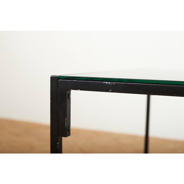 Metal Coffee Table in Black Lacquered Metal Square Tube and Glass Top with Blue Metal Shelf For Sale - Image 7 of 11
