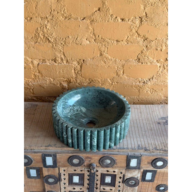 Stone Modern Green Marble Fluted Vessel Sink, Round Countertop Vanity Basin For Sale - Image 7 of 10