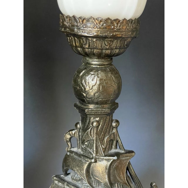 Pair of Antique Art Deco 1921 Cast Nautical Accent Table Lamps W/ Ship & Globe For Sale - Image 6 of 17