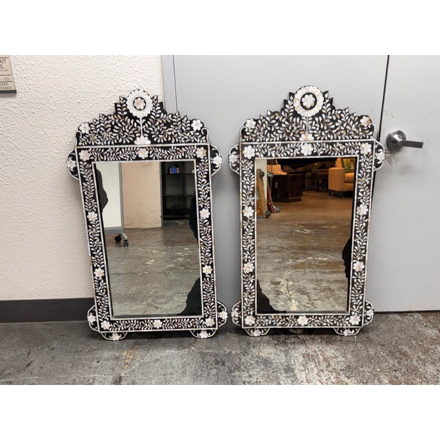Moroccan Style Mother-of-Pearl Inlaid Floral Wall Mirrors, Pair For Sale In San Francisco - Image 6 of 12