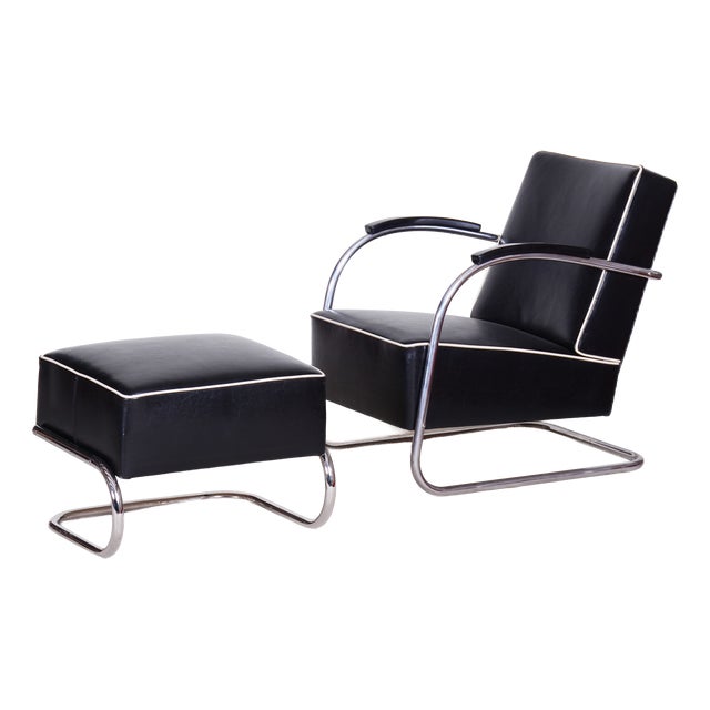 Bauhaus Armchair with Stool in Chrome attributed to Mücke-Melder, Czech, 1930s, Set of 2 For Sale