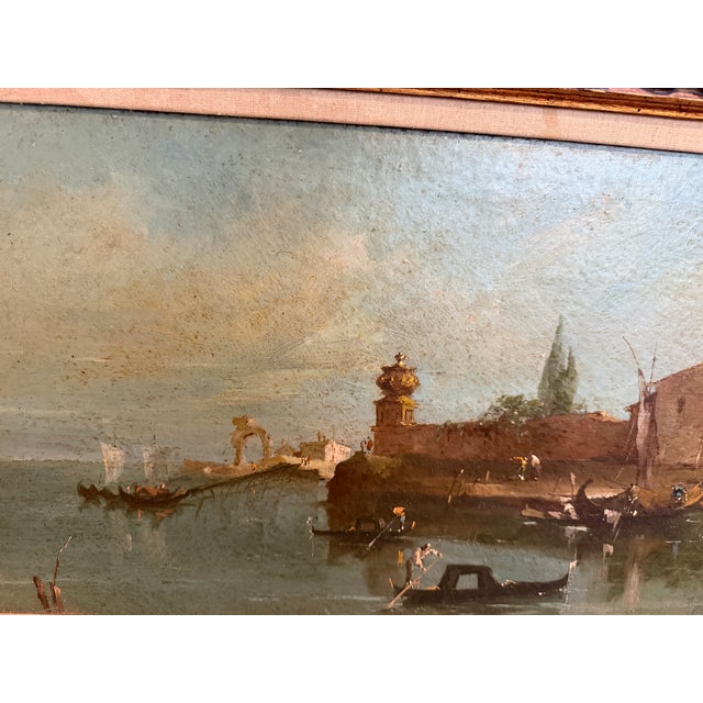 Paint Antique Venetian Canal Scene Oil Painting Gondolas Bridge Italian Landscape For Sale - Image 7 of 8