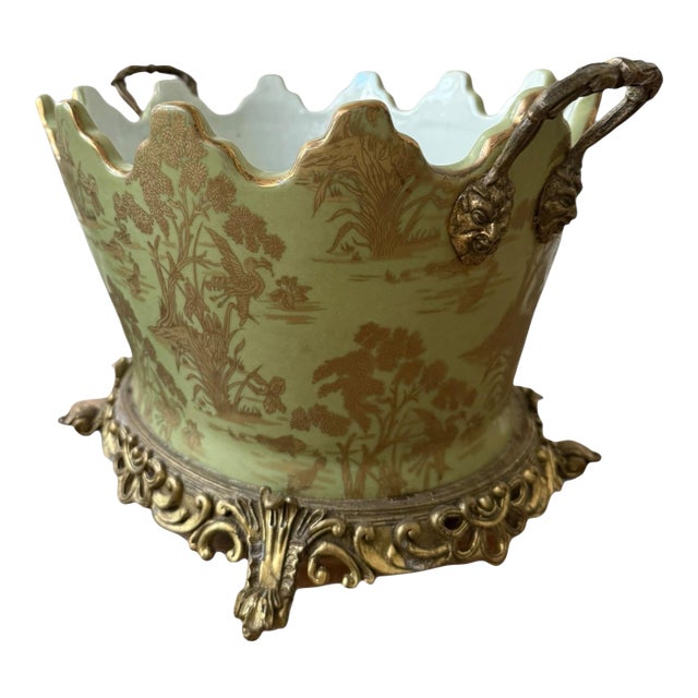 1980s Green and Gold Chinoiserie Tole Planter, Heavy For Sale