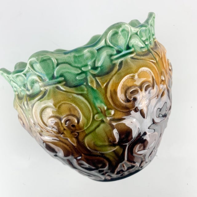Stunning Large Antique Art Nouveau Pottery Jardiniere Blended Majolica Hearts For Sale - Image 12 of 12