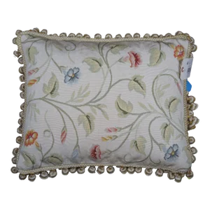 Mid 20th Century Silk Down Filled Morning Glory Floral Embroidered Tassel Lumbar Throw Pillow