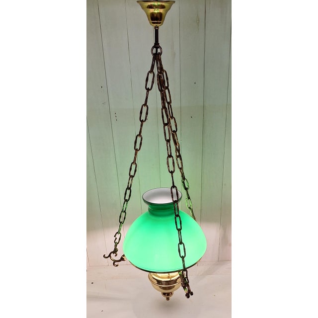 Rustic Vintage Rustic German Ceiling Lamp with Brass Frame and Green Glass Shade from Schmöger-Leuchten, 1980s For Sale - Image 3 of 8
