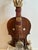 Imaginative wall sculpture created on a vintage violin where the instrument’s shape suggests a baby’s figure wrapped in...