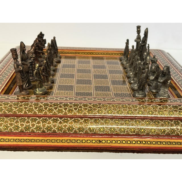 Persian Vintage Persian Khatam Marquetry Chess Set With Figural Metal Pieces, Circa 1950 For Sale - Image 3 of 18