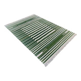 Handmade Cotton Natural Vegetable Dyed Flat Weave Reversible Green and White Striped Rug - 8'x10' For Sale