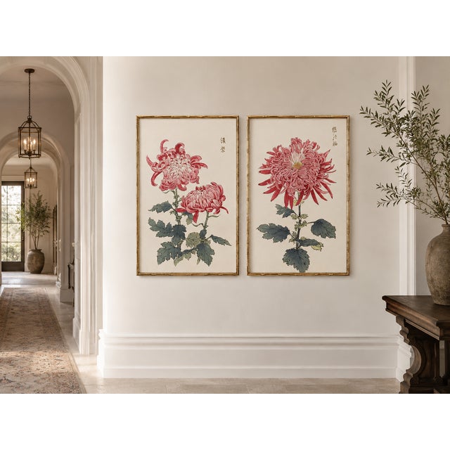 Pink Pink Chrysanthemum Diptych, Vintage Japanese Botanical Art Print (Set of 2), 8" X 12" For Sale - Image 8 of 9