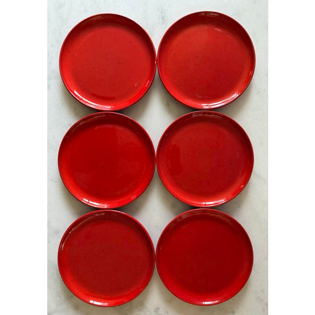 Set of 6 vintage mid century Gerz Germany pottery side plates. Striking bright orangish red color with small brown flecks,...