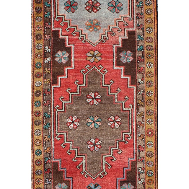 Vintage Turkish Oushak Runner With Sub-Geometric Tribal Medallions in Brown, Red For Sale In Atlanta - Image 6 of 8