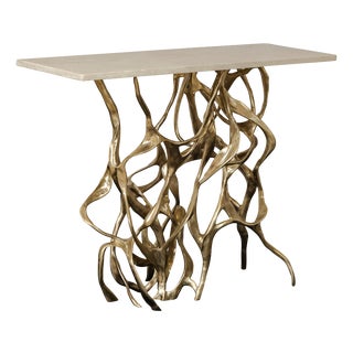 Sculptural Brass and Travertine Console Table, 1970s For Sale