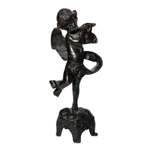 Antique Early 1900s French Cherub Putti Playing Flute Bronze Statuette