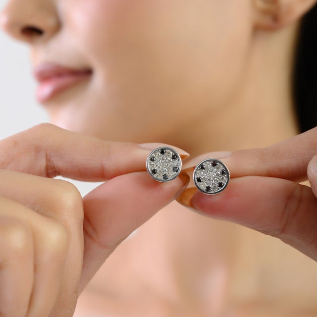 Contemporary Sterling Silver White & Black Diamond Earrings- A Pair For Sale - Image 4 of 12