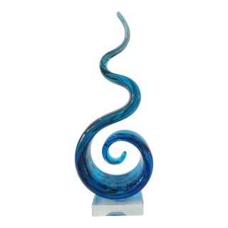 Vintage Murano Turquoise Blue Blown Glass Ribbon Sculpture For Sale