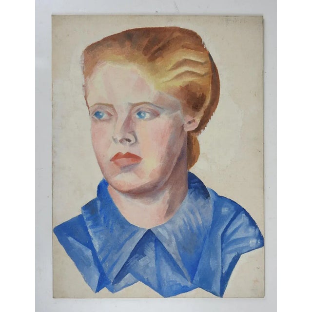 Mid-Century Modern Vintage Mid 20th Century Modernist Portrait Painting Woman in Blue For Sale - Image 3 of 3