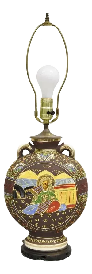 Vintage Oriental Japanese Figural Samurai Brown Ceramic Jug Form Table Lamp