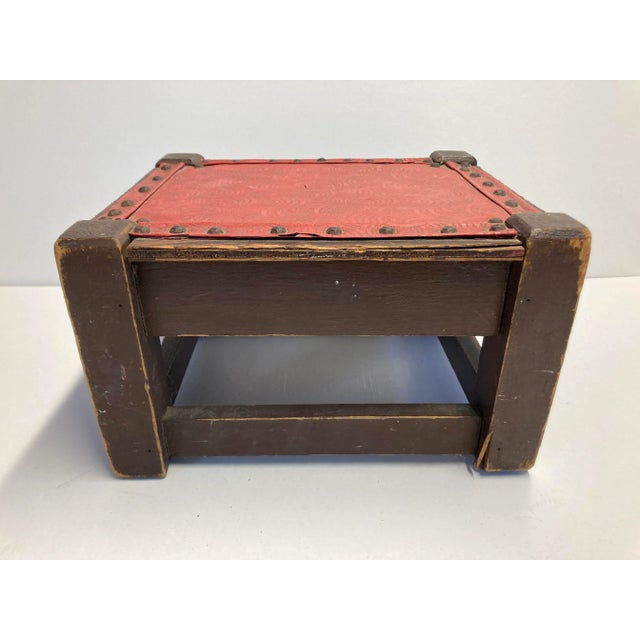 1960s Bohemian Wood Stool Red Vinyl Small and Low For Sale - Image 5 of 5