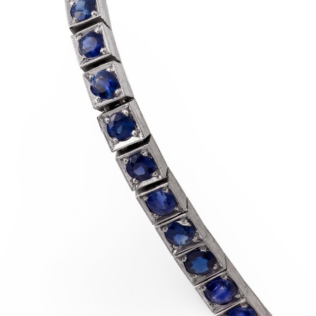 Contemporary 1980s Art Deco Style 6.00 Carat Total Weight Sapphire Platinum Tennis Bracelet For Sale - Image 3 of 6