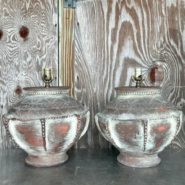 Late 20th Century Vintage Boho Scored Terracotta Lamps - a Pair For Sale - Image 5 of 6