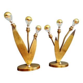Mid-Century Brass Table Lamps with Floral Decoration, 1950s, Set of 2 For Sale