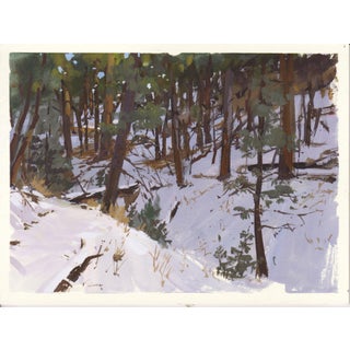 004 - Plein Air-O'Fallon Park, CO, 1/12/22 by Judd Mercer | Gouache Painting of a snowy forest scene For Sale