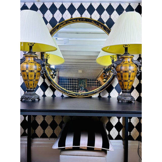 Oversized Black & Gold Lacquer Hand-Painted Chinoiserie Round Mirror 36 Inch Diameter For Sale - Image 11 of 13