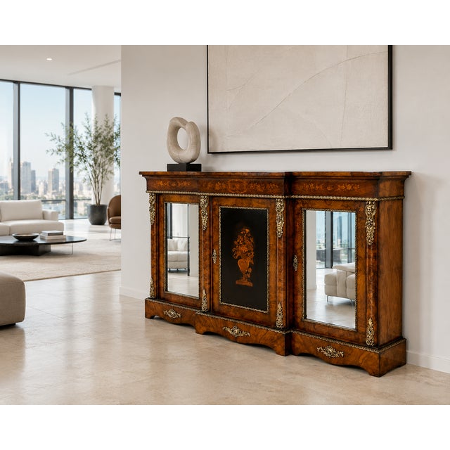 A magnificent large antique Victorian burr walnut and floral marquetry cabinet sideboard, traditionally known as a...