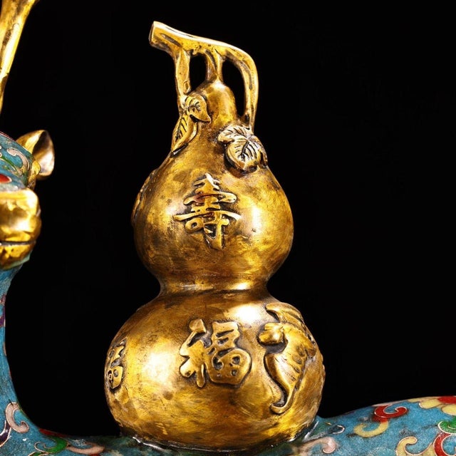 Turquoise Vintage Cloisonne Enamel Deer With Gourd – 15" Gilt Auspicious Figure For Sale - Image 8 of 10