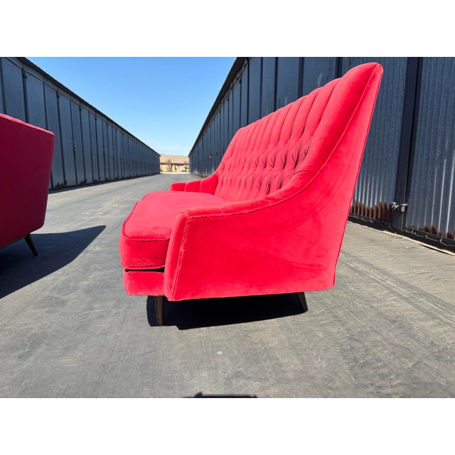 Textile Mid Century Modern Tufted Red Velvet Sofas- a Pair For Sale - Image 7 of 12