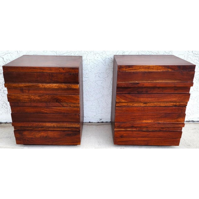 Mid-Century Modern 3 Piece MCM Solid Exotic Wood Bachelor Chest & Nightstands Bedroom Suite For Sale - Image 3 of 18