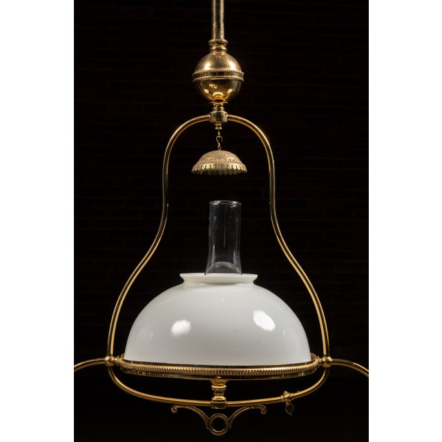 Metal Late 19th Century Brass Triple-Arm Early Gas-Electric Chandelier With Milk Glass Shades For Sale - Image 7 of 8