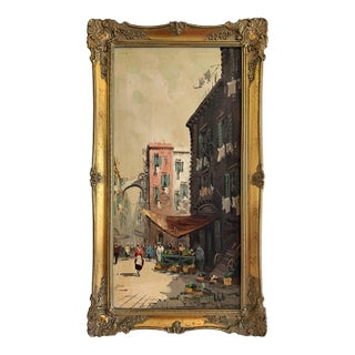 1980s Antonio De Vity 1901-1993 Oil Painting Italian Street Market Scene Cityscape For Sale