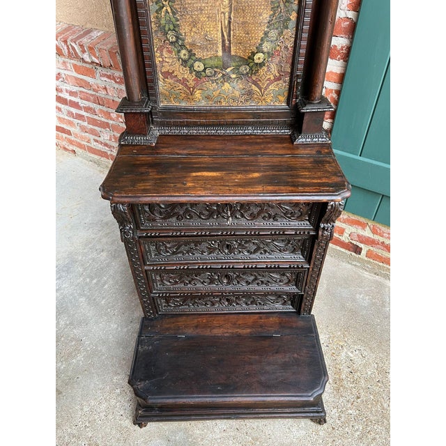 Antique French Gothic Devotional Cabinet Religious Painting Carved Oak Kneeler For Sale - Image 18 of 18
