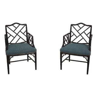 Pair of Ebonized Chinese Chippendale Faux Bamboo Dining Arm Chairs For Sale