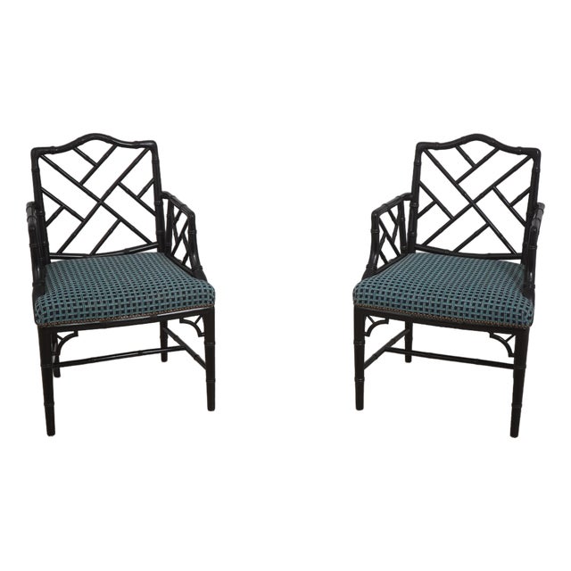 Pair of Ebonized Chinese Chippendale Faux Bamboo Dining Arm Chairs For Sale