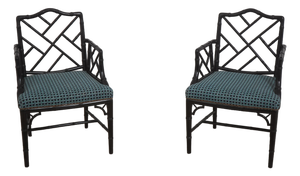 Pair of Ebonized Chinese Chippendale Faux Bamboo Dining Arm Chairs