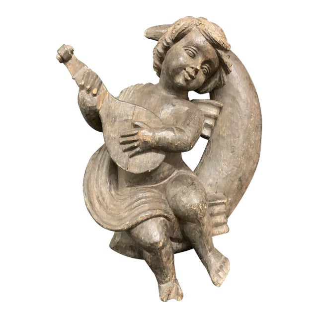 1920s Vintage Carved Wood Angel Playing Instrument Paper Mache Mold Takaan For Sale