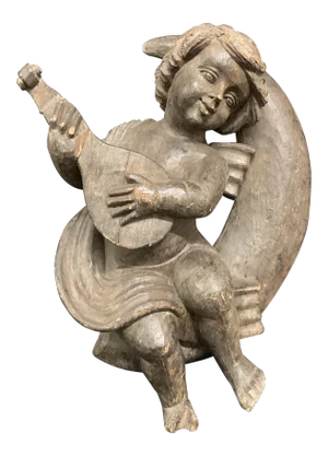 1920s Vintage Carved Wood Angel Playing Instrument Paper Mache Mold Takaan