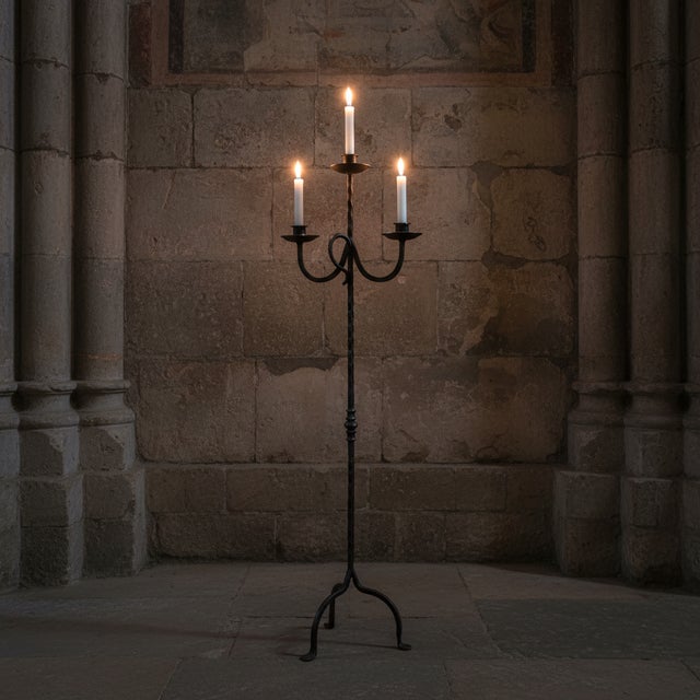 Hand Forged Iron Floor Candelabra 48″ (122cm) Antique Copper Patina 3-Arm Loop Design Classic Candle Holder Rustic Decor For Sale - Image 4 of 7
