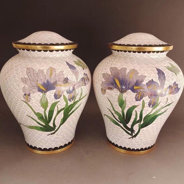 This is a matching pair of large, elegant lidded jars, crafted in the traditional cloisonné enamel technique. The vessels...