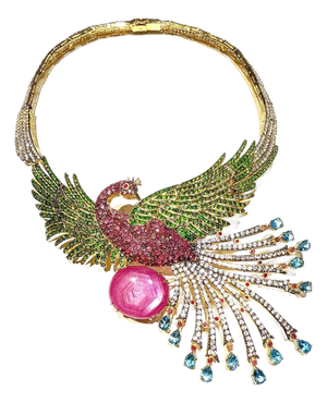 Bochic “Capri” Vintage Ruby, Sapphire & Garant Peacock Necklace Set In 18K & Sil
