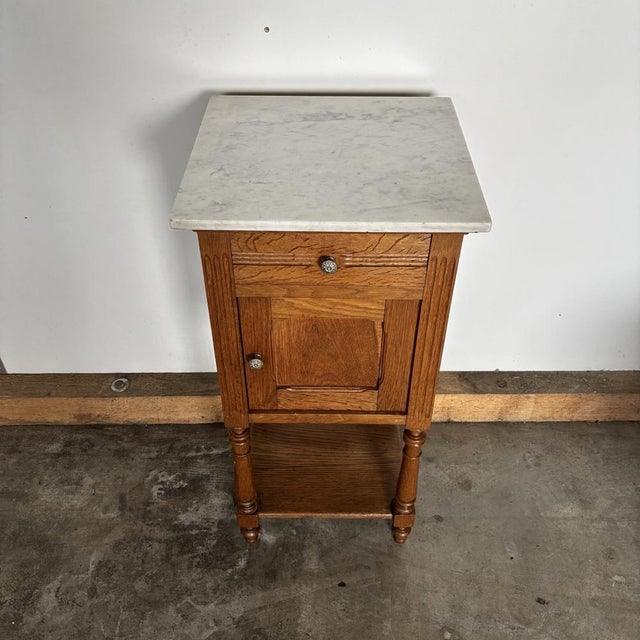Wood Vintage Oak Bedside Table with Marble Top, 1920s For Sale - Image 7 of 15