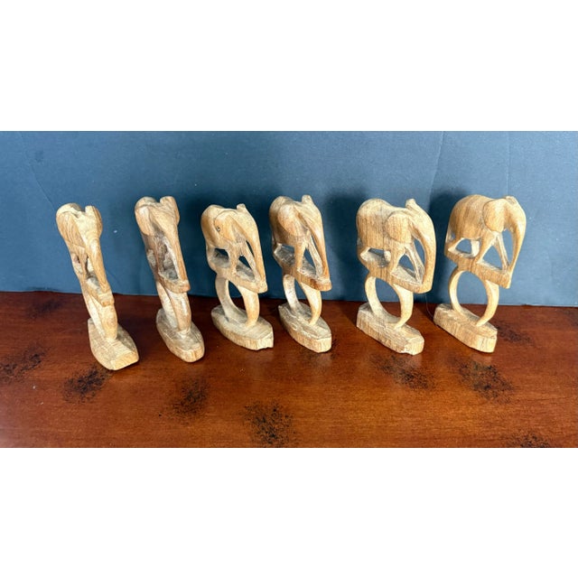 Late 20th Century Hand Carved Wood Elephant Safari Napkin Rings—Boho Kitchen Made in Africa- Set of Six For Sale - Image 4 of 9